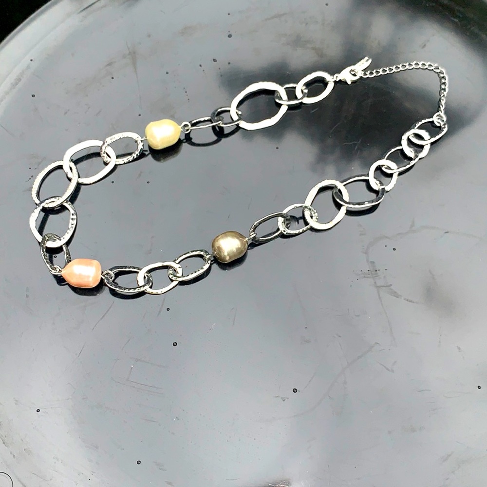 Ann Taylor silver loop necklace with rose, white and Tahitian nugget pearls